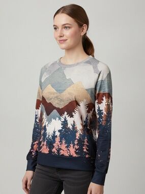 Unknown Brand Graphic Mountain Forest Landscape Print Crewneck Top S NWOT